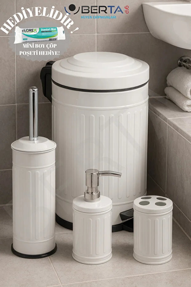 Berta Hijyen Vintage Dörtlü Beyaz Banyo Seti — Çöp Kovası, Tuvalet Fırçası, Diş Fırçalık, Sıvı Sabunluk Metal
