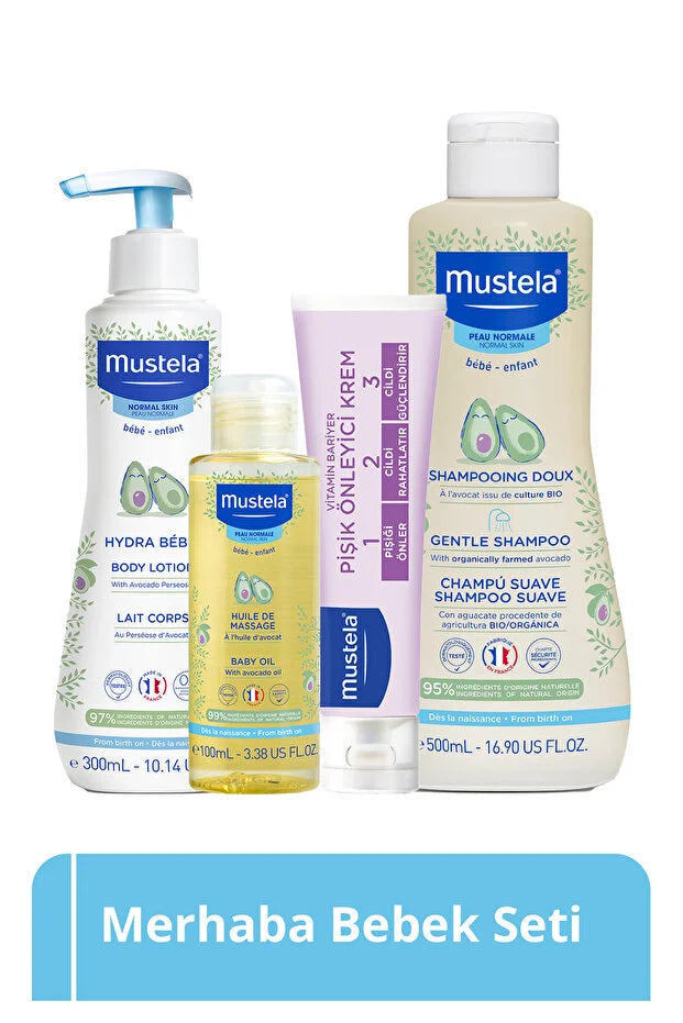 Mustela Merhaba Bebek Seti — Şampuan, Pişik Kremi, Masaj Yağı, Vücud Losyonu