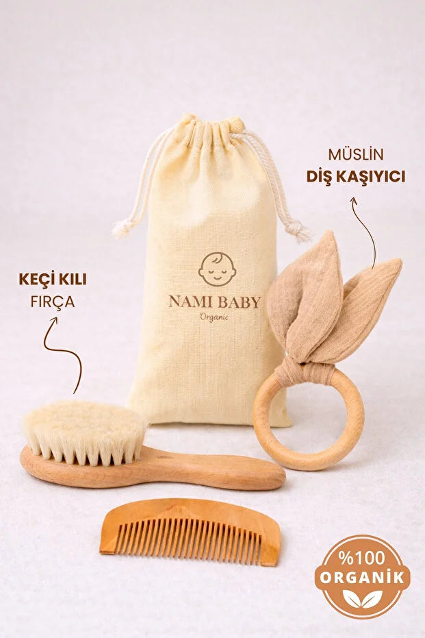 Nami Baby Keçi Kılı Bebek Saç Fırçası Seti — Diş Kaşıyıcılı 4'lü Bakım Seti